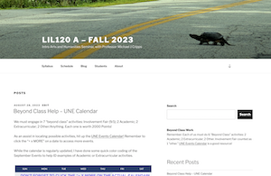 Screenshot thumbnail of course site for LIL 120 A, Introductory Arts and Humanities Seminar, Fall 2023.